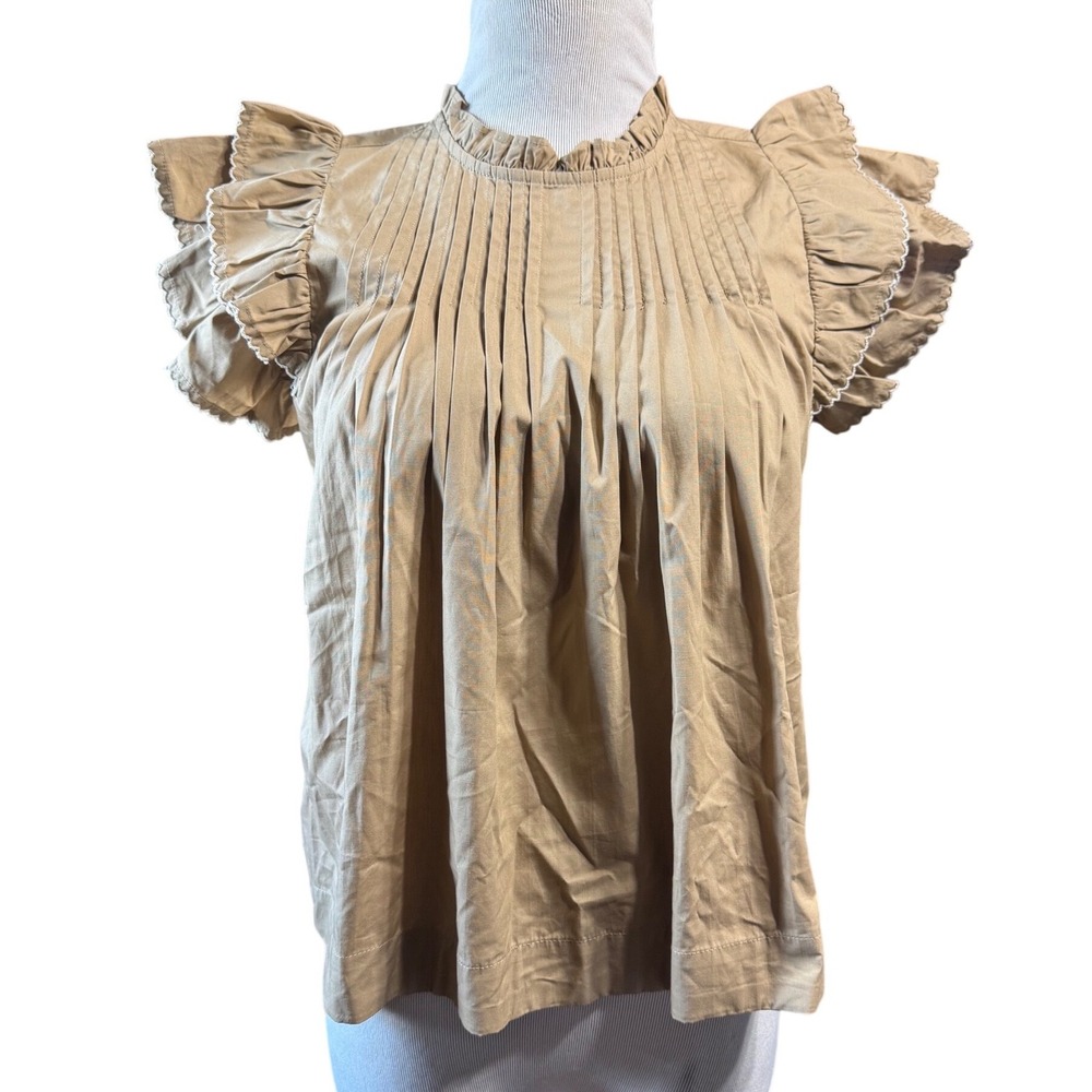 Bohemian Top Womens Small Ruffle Cap Sleeve Cotton Pleated Tan cottagecore